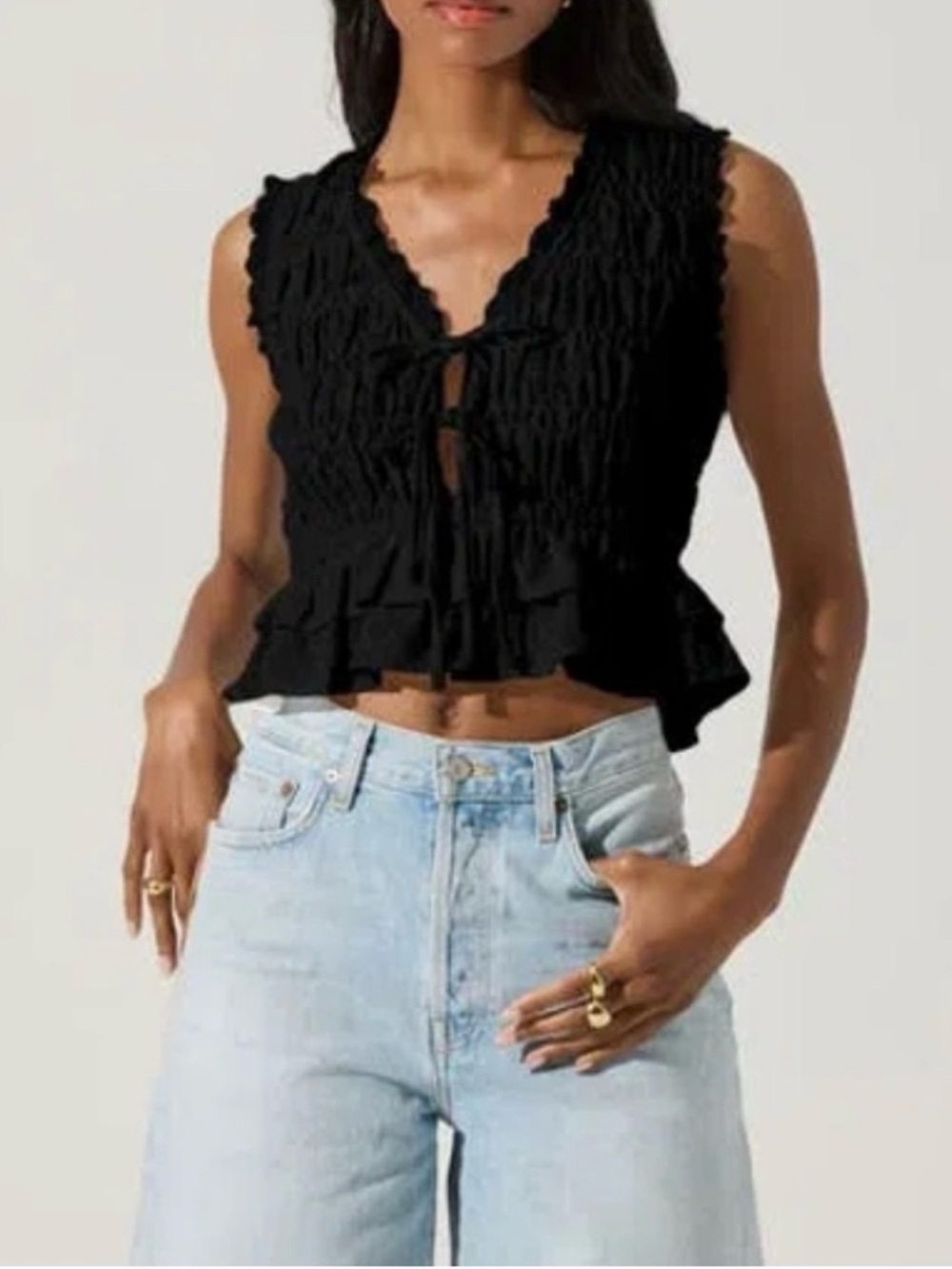 Astr Smocked Lace-Trim Tie-Front Crop Top - Black